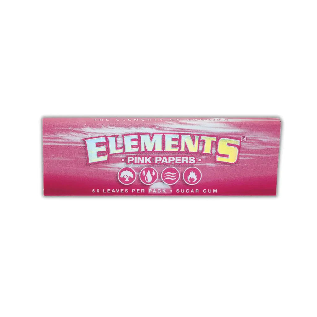 Close-up of Elements Pink 1-1/4 Rolling Papers with a vibrant pink pack against a neutral background. Close-up of Elements Pink 1-1/4 Rolling Papers with a vibrant pink pack against a neutral background.