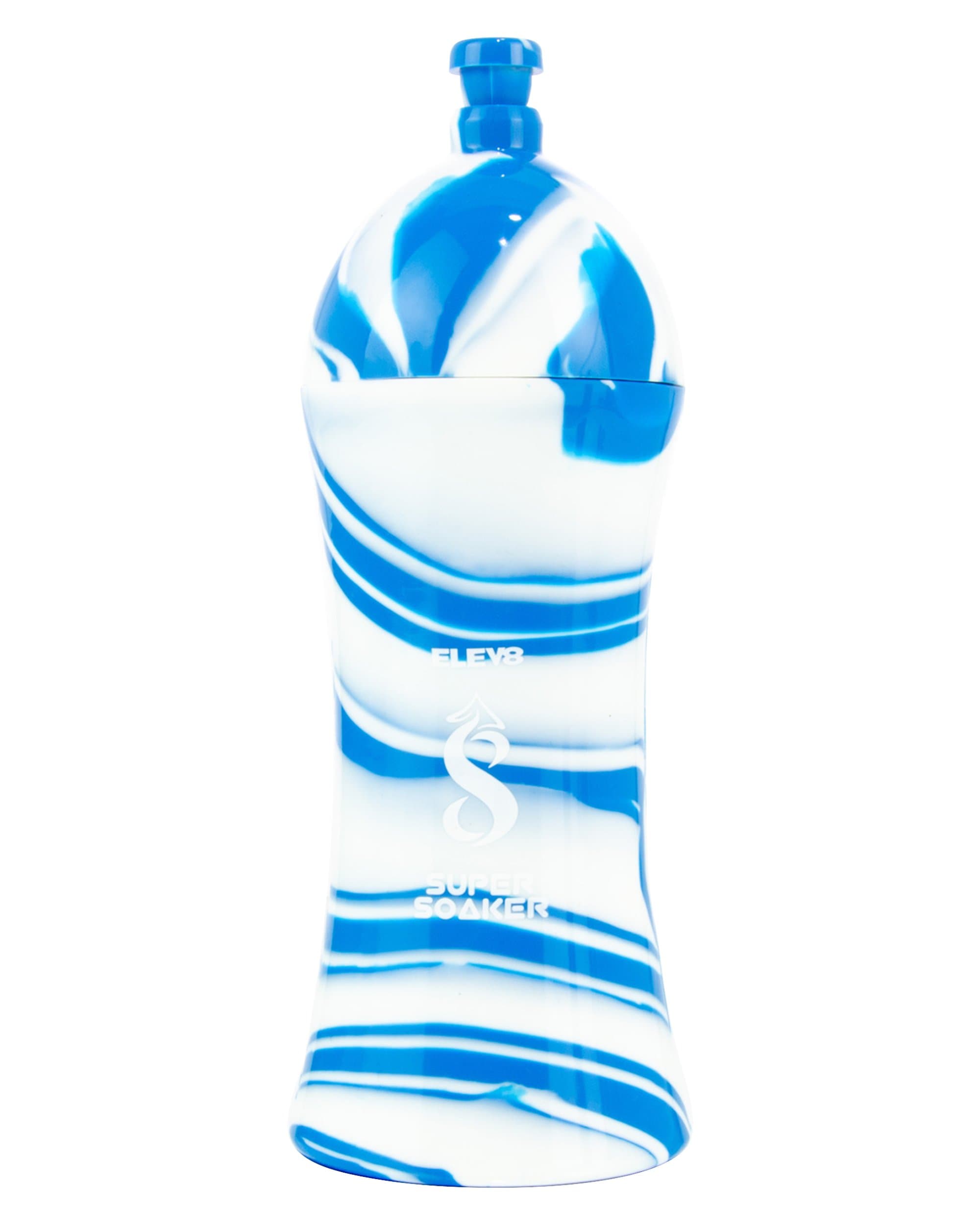 Front view of the Super Soaker Cleaning Container, a clear plastic container with a blue cap against a white background. Front view of the Super Soaker Cleaning Container, a clear plastic container with a blue cap against a white background.