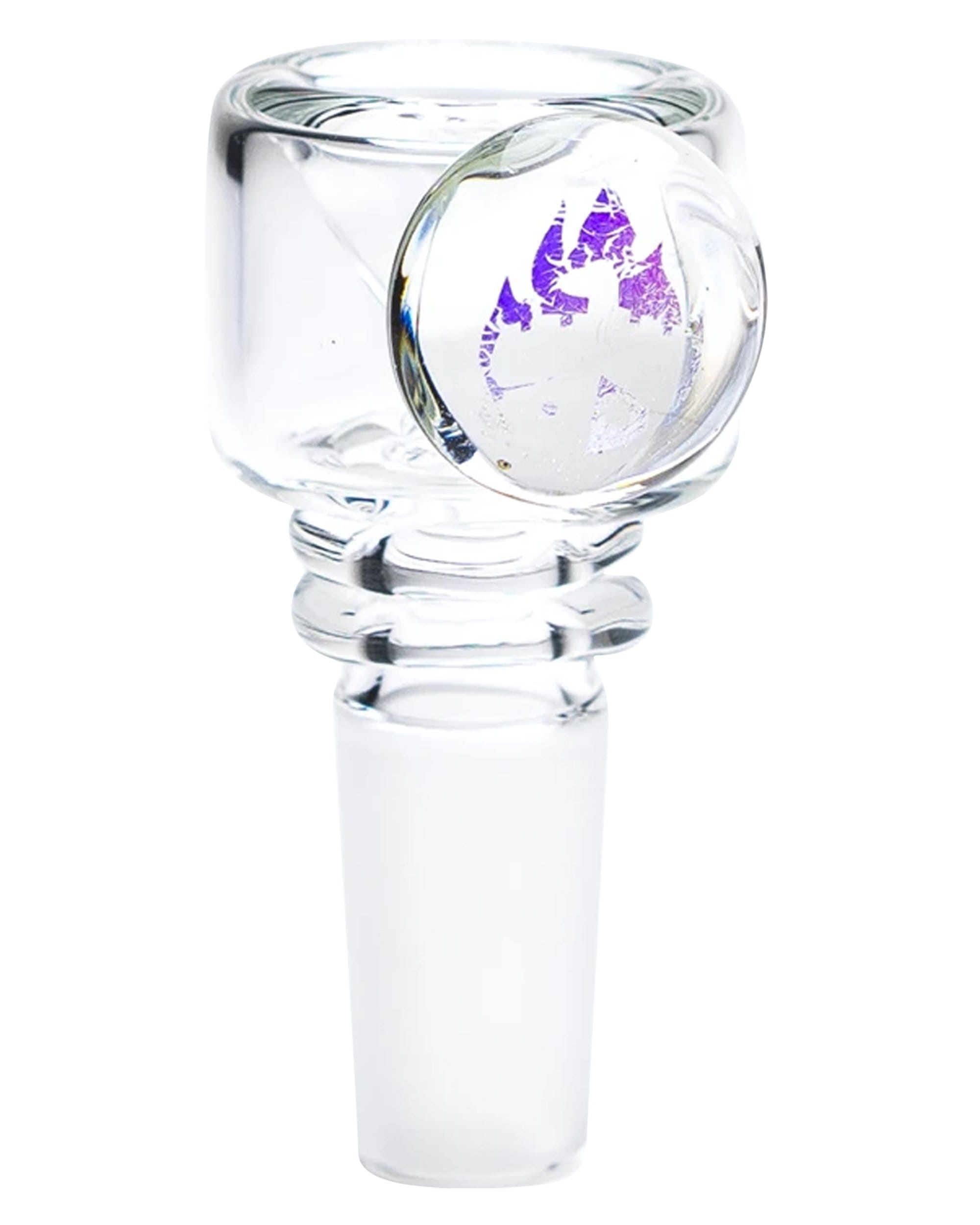 A close-up, angled view of the Empire Dichro Bowl Piece, showcasing its clear glass construction and iridescent dichroic pattern. A close-up, angled view of the Empire Dichro Bowl Piece, showcasing its clear glass construction and iridescent dichroic pattern.