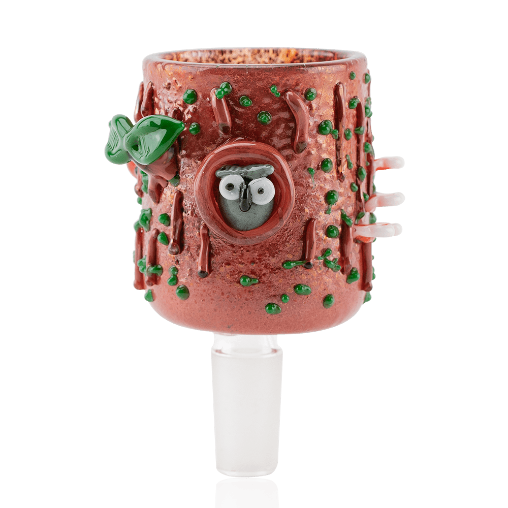 Front view of the Hootie PuffCo Proxy Attachment, a colorful glass piece with a unique, textured design. Front view of the Hootie PuffCo Proxy Attachment, a colorful glass piece with a unique, textured design.