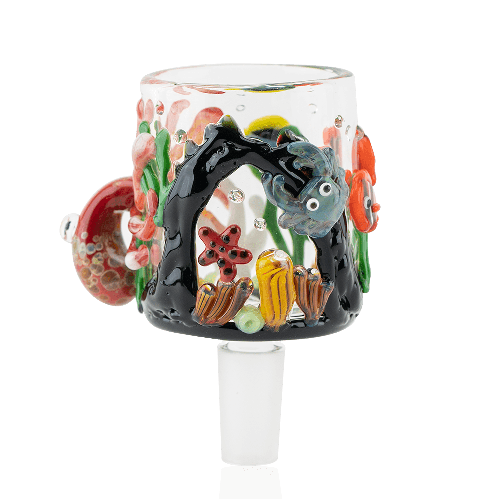 A close-up, angled view of the Under the Sea PuffCo Proxy Attachment featuring sculpted, colorful marine life details. A close-up, angled view of the Under the Sea PuffCo Proxy Attachment featuring sculpted, colorful marine life details.
