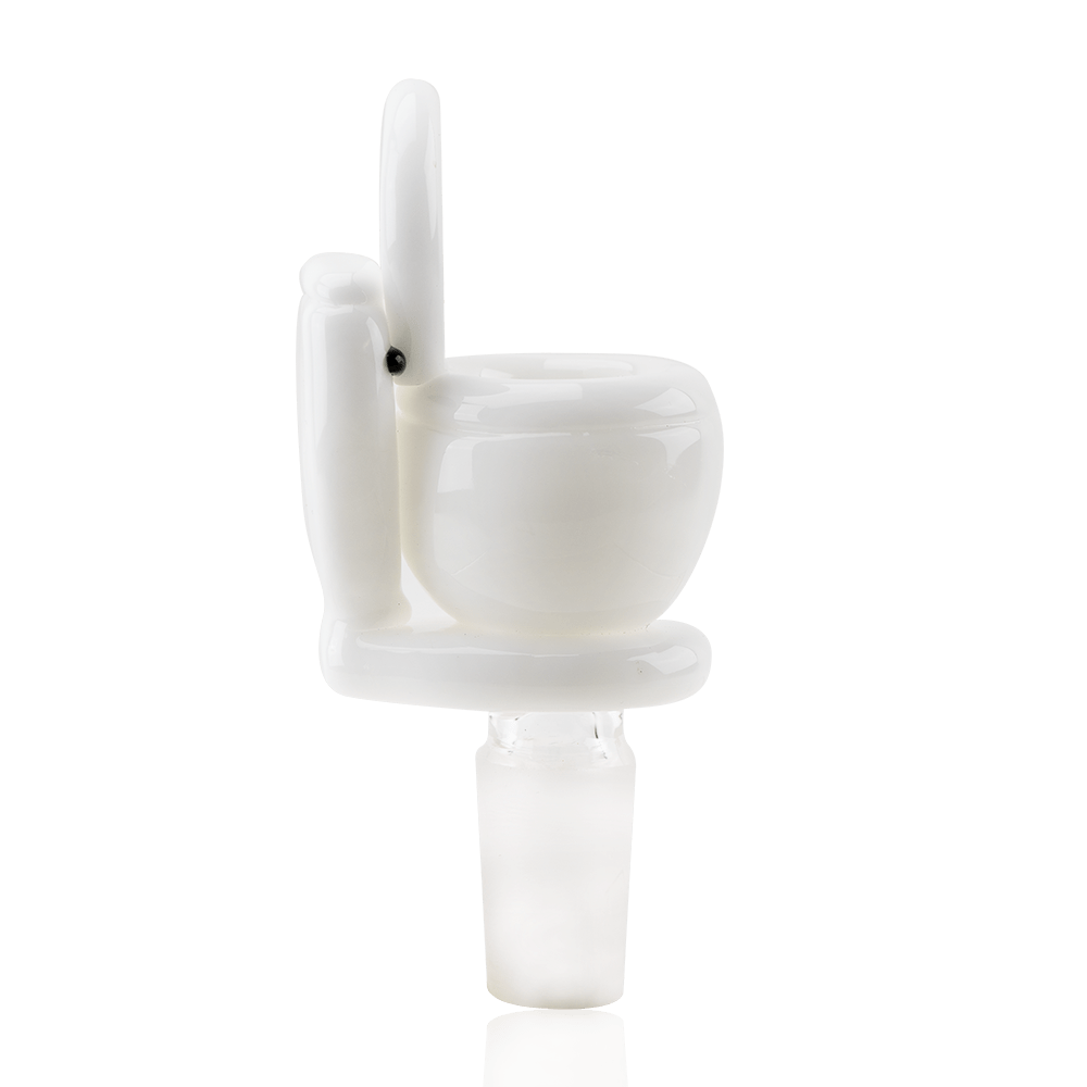 A studio shot of the Toilet Bowl Piece, featuring a clear glass construction and a unique, rounded design. A studio shot of the Toilet Bowl Piece, featuring a clear glass construction and a unique, rounded design.