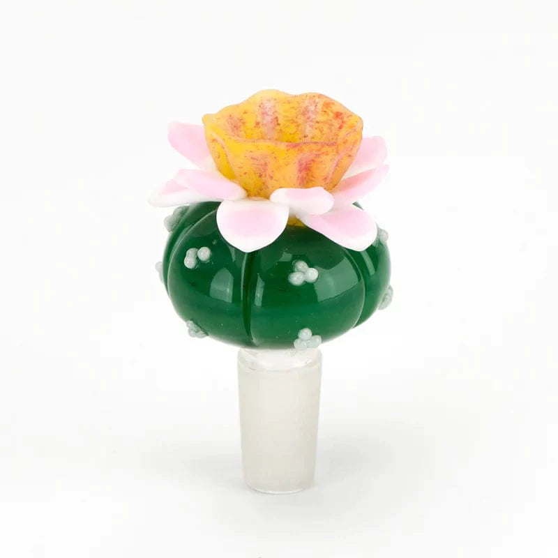 A close-up, angled view of the UV Peyote Bowl Piece, showcasing its colorful, textured glass design against a plain white background. A close-up, angled view of the UV Peyote Bowl Piece, showcasing its colorful, textured glass design against a plain white background.