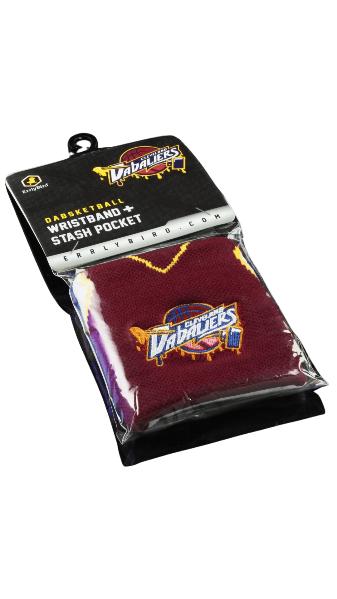 Front view of the Stash Pocket Wristband, a black band with a white logo. Front view of the Stash Pocket Wristband, a black band with a white logo.