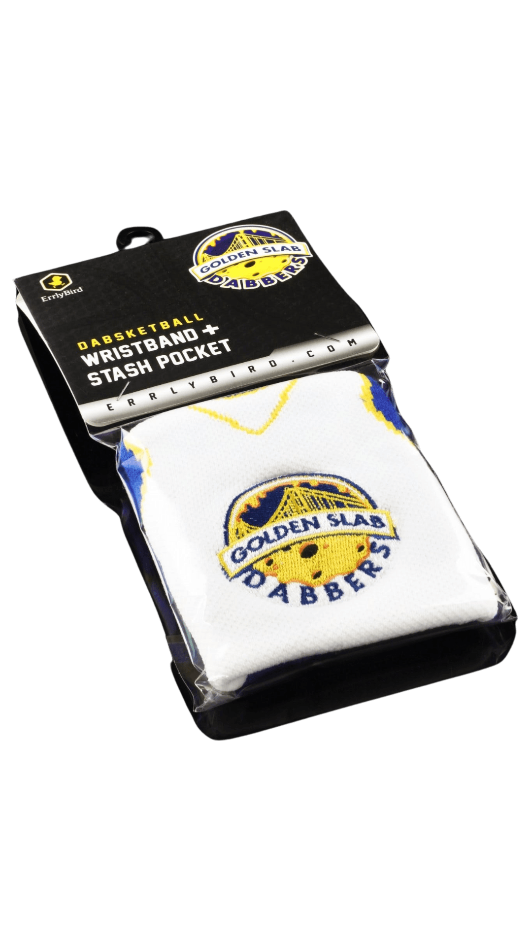 A close-up of the Stash Pocket Wristband, showing its black fabric and small zippered compartment. A close-up of the Stash Pocket Wristband, showing its black fabric and small zippered compartment.