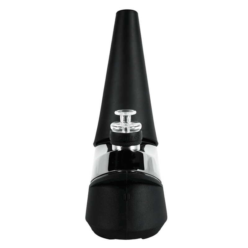 A close-up, angled view of the Silicone Puffco Peak Attachment, showing its dark, textured surface and top opening. A close-up, angled view of the Silicone Puffco Peak Attachment, showing its dark, textured surface and top opening.