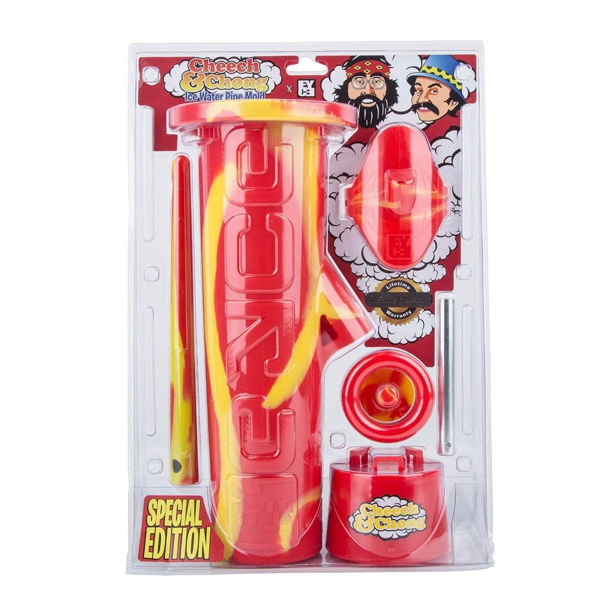 A front view of the Cheech & Chong Reusable Ice Bong Mold with packaging, highlighting its colorful and unique design. A front view of the Cheech & Chong Reusable Ice Bong Mold with packaging, highlighting its colorful and unique design.