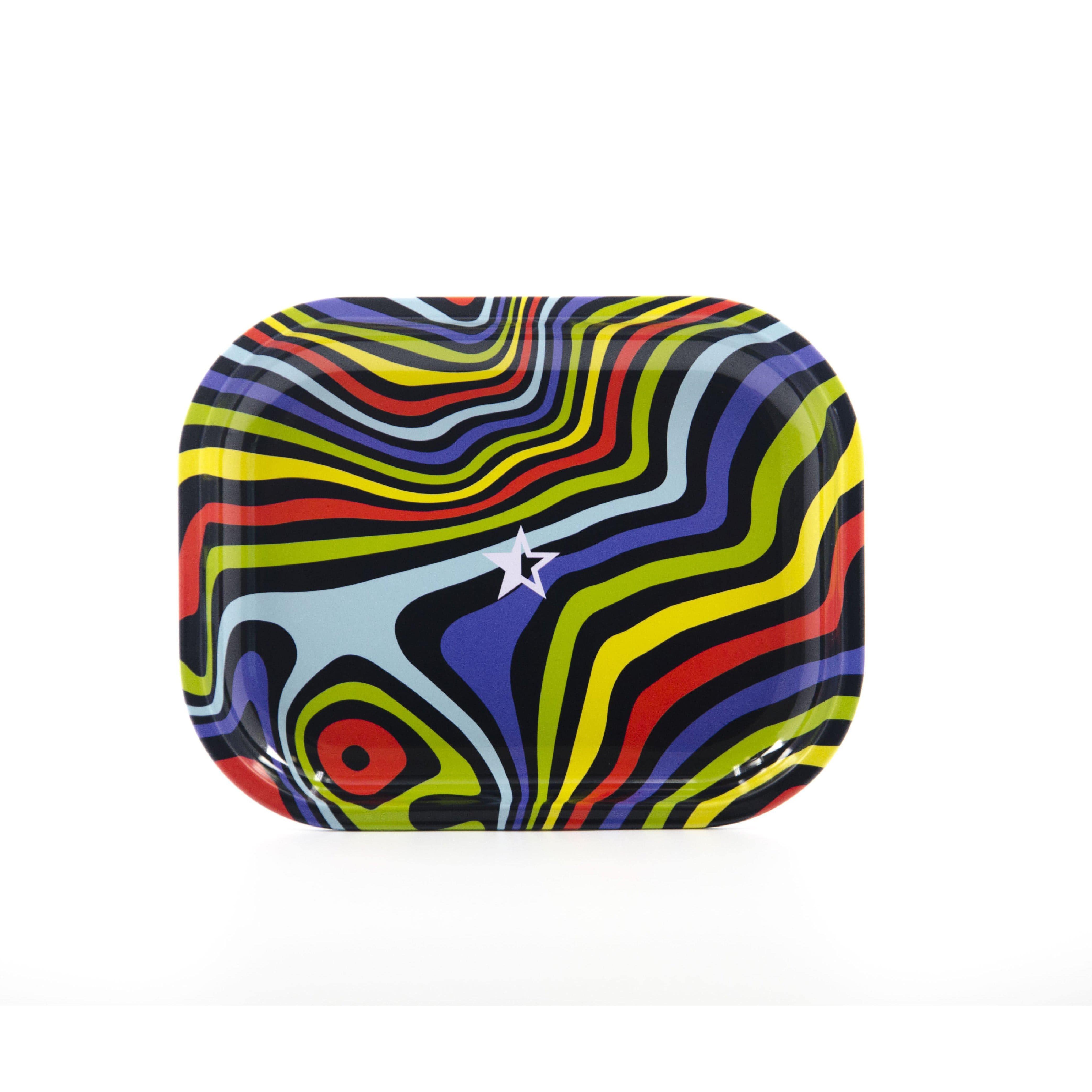 Overhead view of the Amnesia Rolling Tray displaying a swirling, colorful pattern against a dark background. Overhead view of the Amnesia Rolling Tray displaying a swirling, colorful pattern against a dark background.