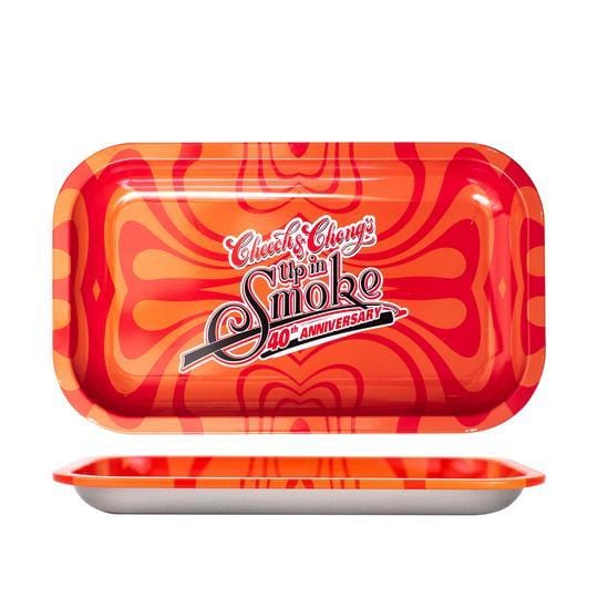 Overhead view of the Up In Smoke 40th Anniversary Red Tray, displaying a glossy red surface and simple rectangular shape. Overhead view of the Up In Smoke 40th Anniversary Red Tray, displaying a glossy red surface and simple rectangular shape.