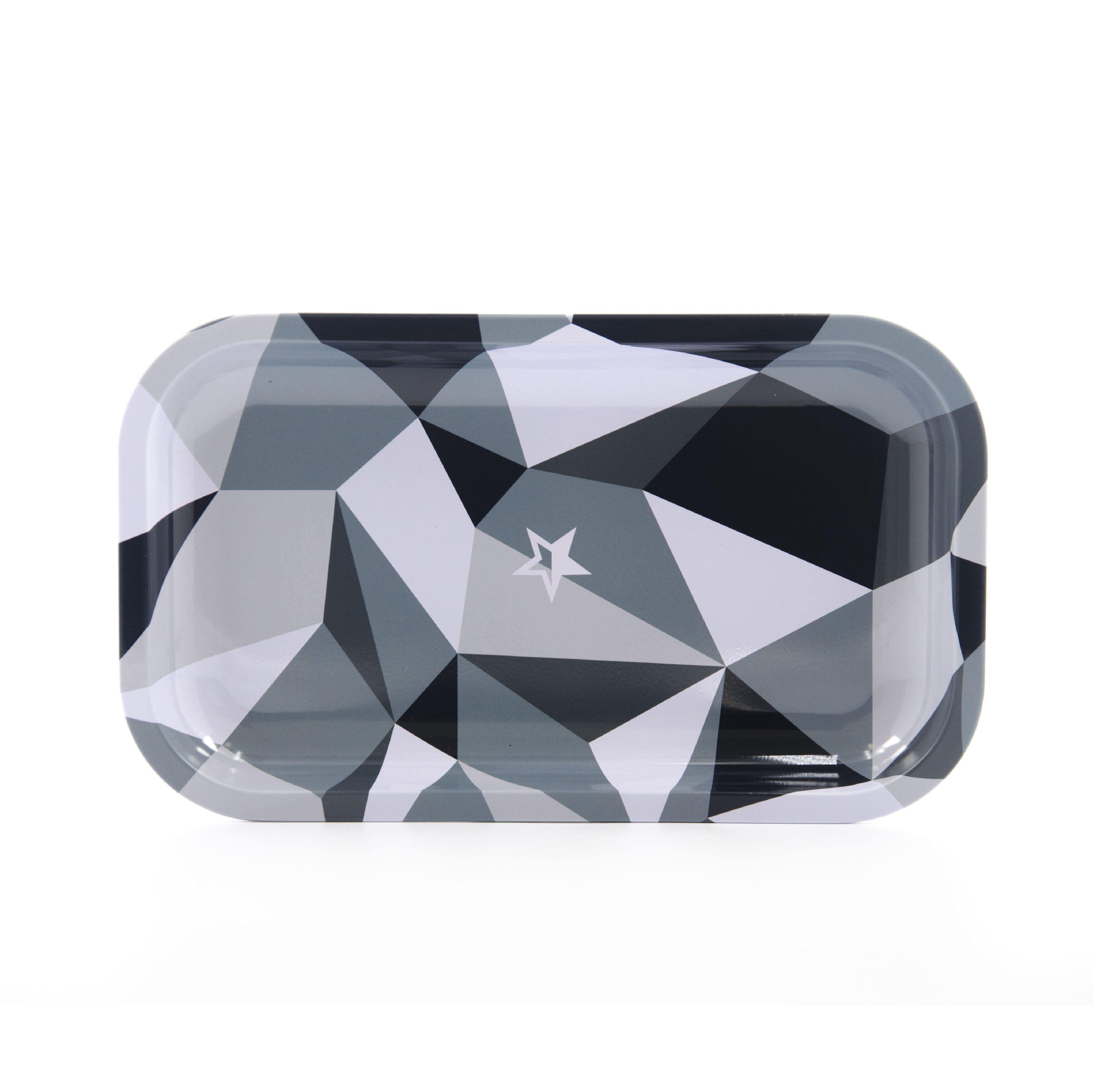 The Digital Rolling Tray is shown in a top-down view with a geometric design in black and white. The Digital Rolling Tray is shown in a top-down view with a geometric design in black and white.