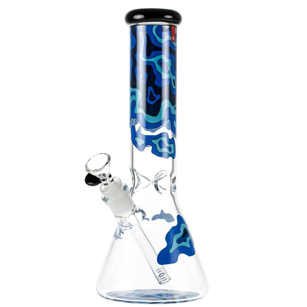 Front view of the Fabric 12" Beaker Water Pipe, showcasing a clear glass base with vibrant blue swirls throughout the beaker's body. Front view of the Fabric 12" Beaker Water Pipe, showcasing a clear glass base with vibrant blue swirls throughout the beaker's body.
