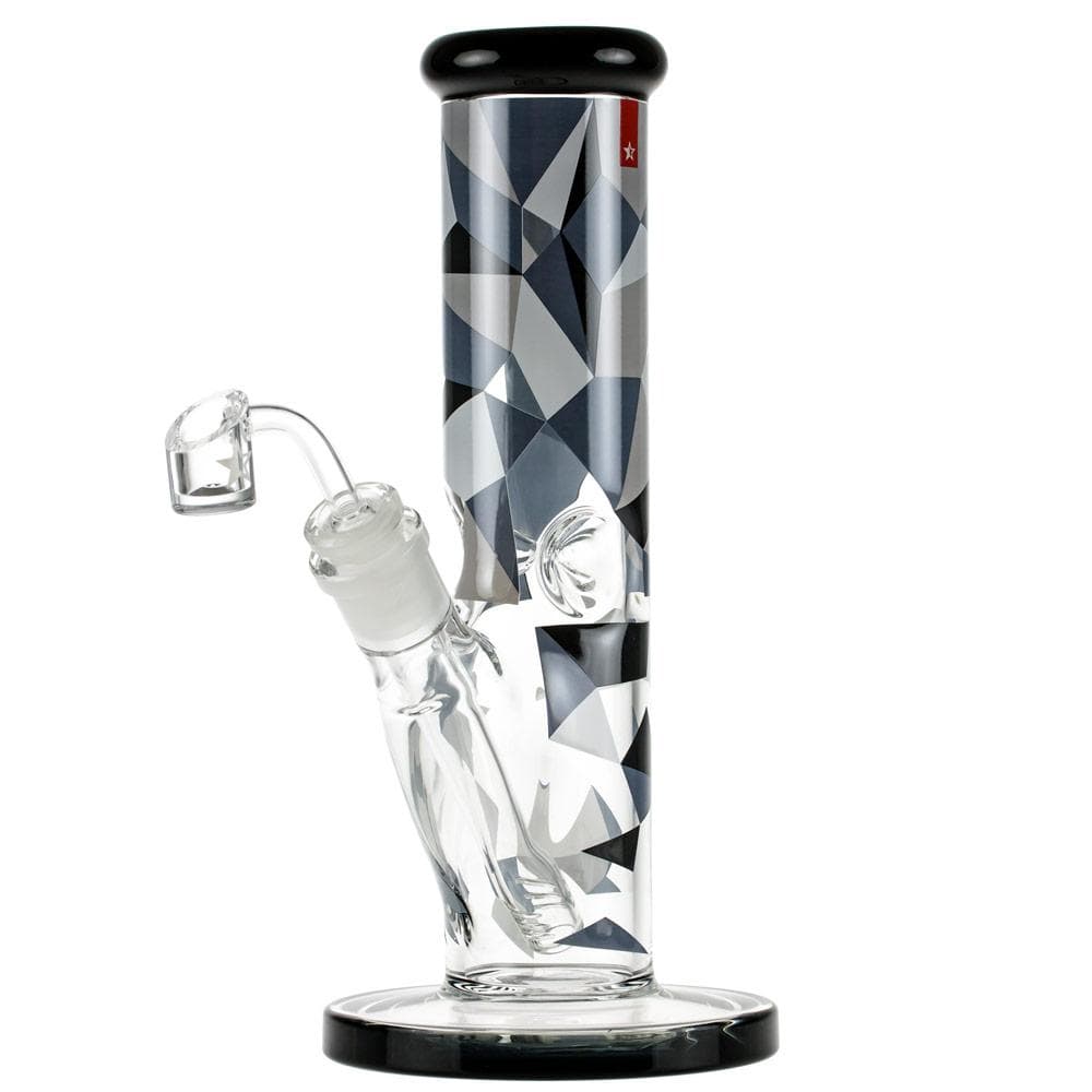 Front view of the Digital 10" Dab Rig, a black and clear glass rig with a geometric design, angled slightly against a white background. Front view of the Digital 10" Dab Rig, a black and clear glass rig with a geometric design, angled slightly against a white background.