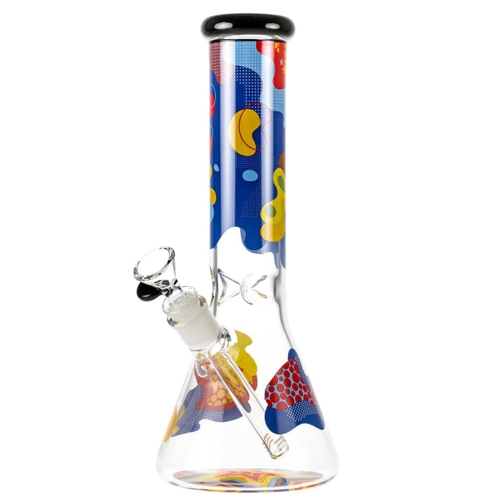 Front view of the Papaya 12" Beaker Water Pipe, displaying a clear glass body with colorful accents and a wide, stable base. Front view of the Papaya 12" Beaker Water Pipe, displaying a clear glass body with colorful accents and a wide, stable base.