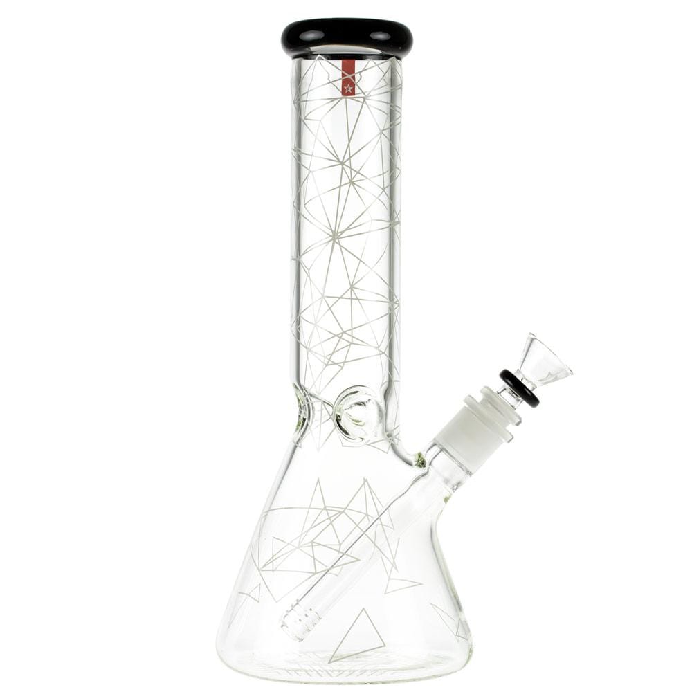 Front view of the Space 12" Beaker Water Pipe, featuring a clear glass design with geometric patterns and a rounded base. Front view of the Space 12" Beaker Water Pipe, featuring a clear glass design with geometric patterns and a rounded base.