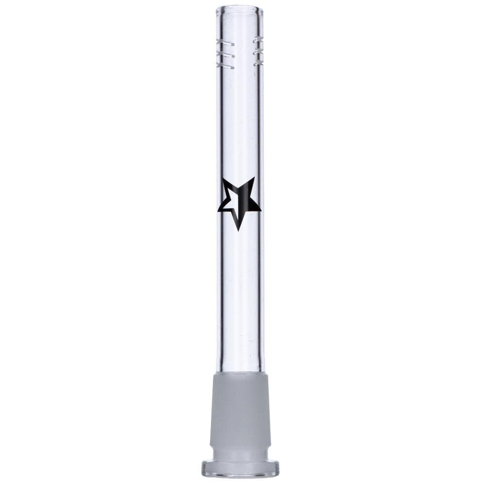 Front view of the Famous X 4.75" downstem, a clear glass tube with a simple cylindrical shape. Front view of the Famous X 4.75" downstem, a clear glass tube with a simple cylindrical shape.