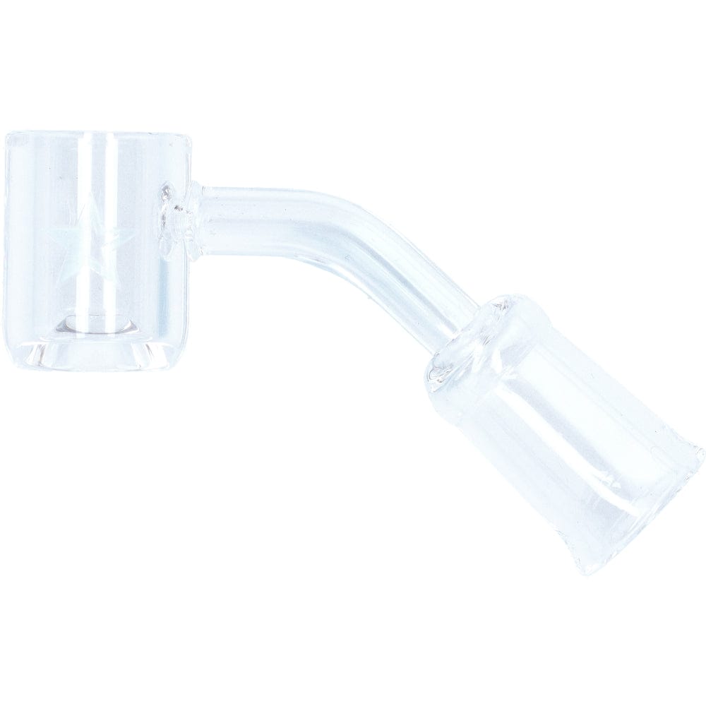 A 45-degree angled view of the Famous X Replacement Banger, showcasing its clear glass construction and 14mm female joint. A 45-degree angled view of the Famous X Replacement Banger, showcasing its clear glass construction and 14mm female joint.