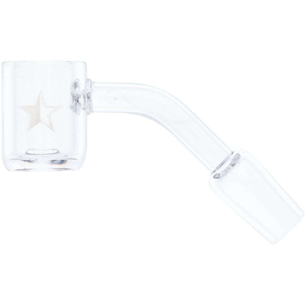 A 45-degree angled view of the Famous X Replacement Banger with a 14mm male joint, shown in clear glass. A 45-degree angled view of the Famous X Replacement Banger with a 14mm male joint, shown in clear glass.