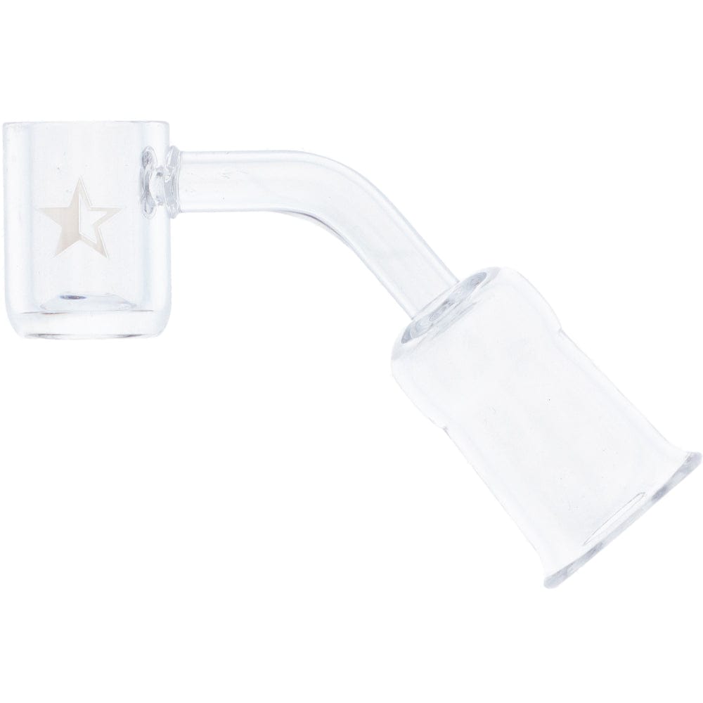 A 45-degree angle view of the Famous X Replacement Banger, showing the clear glass joint and rounded bowl. A 45-degree angle view of the Famous X Replacement Banger, showing the clear glass joint and rounded bowl.