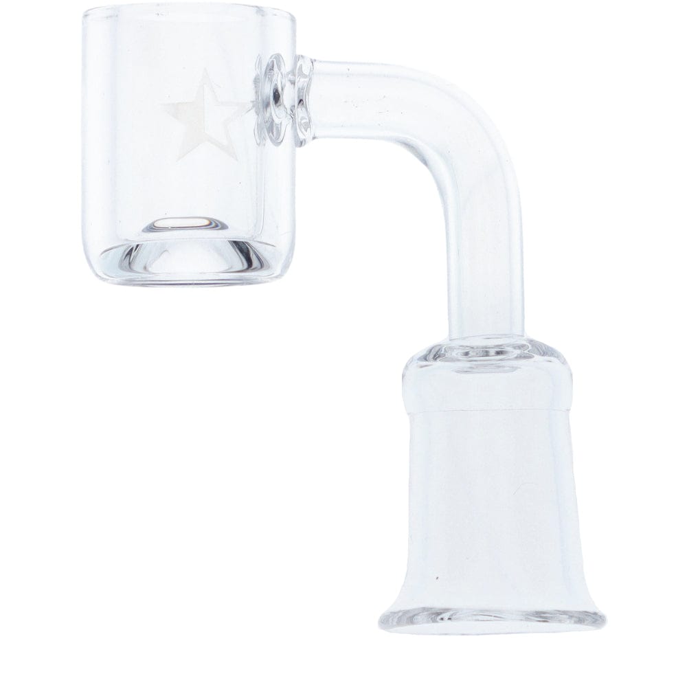 A close-up, angled view of the Famous X Replacement Banger, showcasing its 90-degree angle and clear glass construction. A close-up, angled view of the Famous X Replacement Banger, showcasing its 90-degree angle and clear glass construction.
