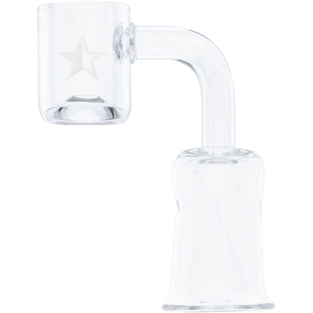 A close-up, angled view of the Famous X Replacement Banger, a clear 90-degree 18mm female joint banger. A close-up, angled view of the Famous X Replacement Banger, a clear 90-degree 18mm female joint banger.