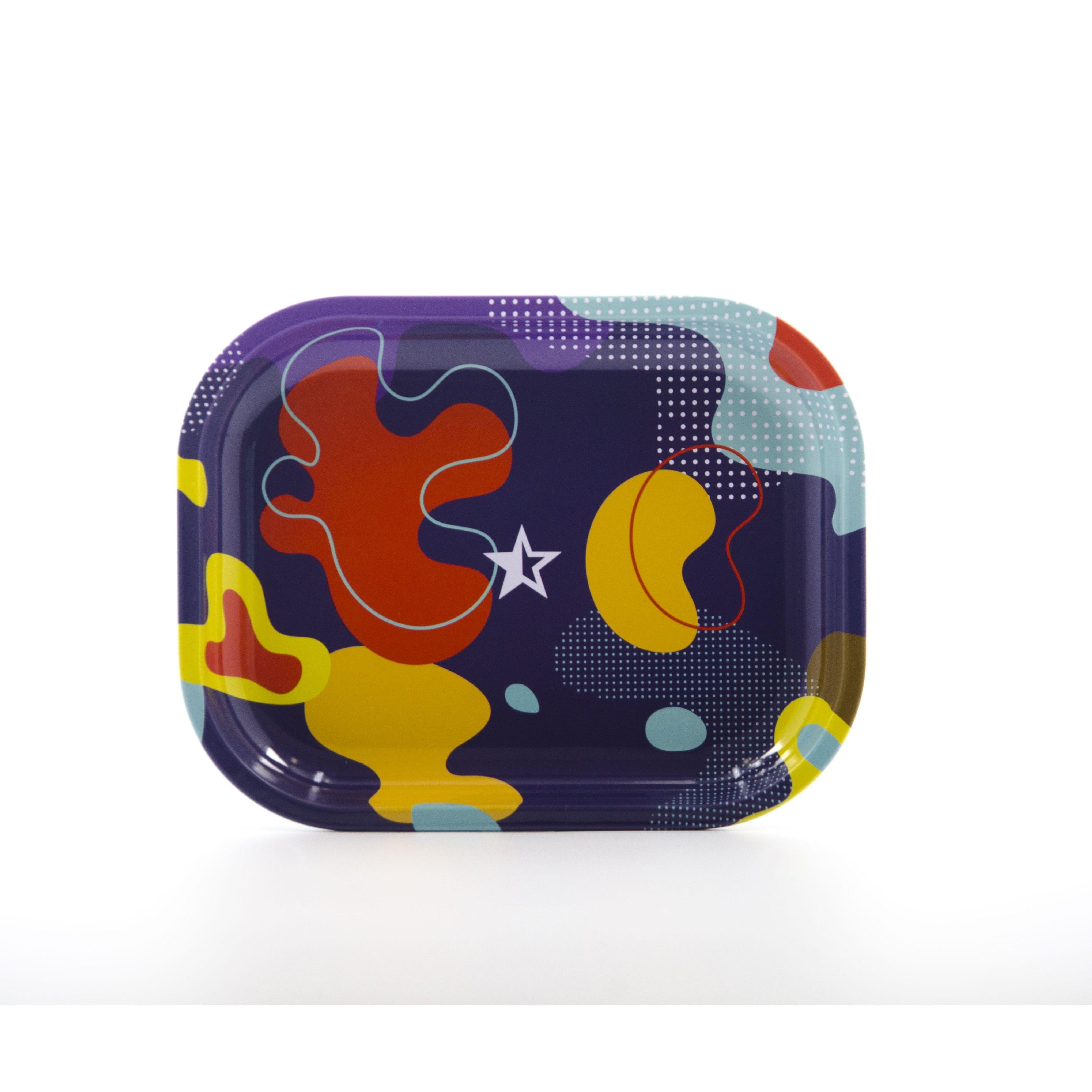 Overhead view of the Papaya Rolling Tray with a vibrant, colorful design against a dark background. Overhead view of the Papaya Rolling Tray with a vibrant, colorful design against a dark background.