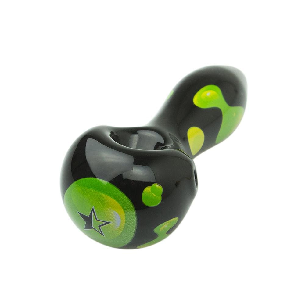 A close-up, angled view of the Privilege 4 Spoon Pipe, featuring a glossy, dark finish with bright green accents. A close-up, angled view of the Privilege 4 Spoon Pipe, featuring a glossy, dark finish with bright green accents.