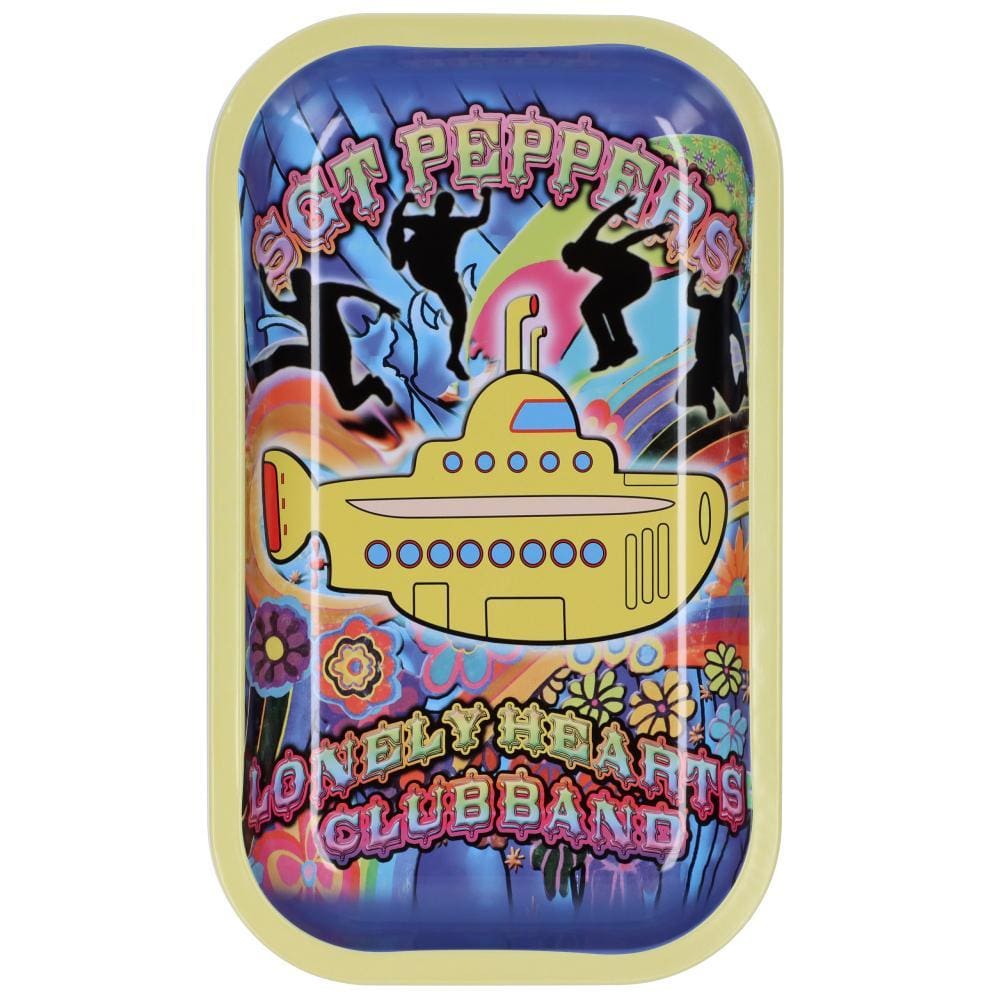 Front view of the Fab4 Yellow Submarine Rolling Tray, featuring a vibrant psychedelic design with silhouetted figures. Front view of the Fab4 Yellow Submarine Rolling Tray, featuring a vibrant psychedelic design with silhouetted figures.