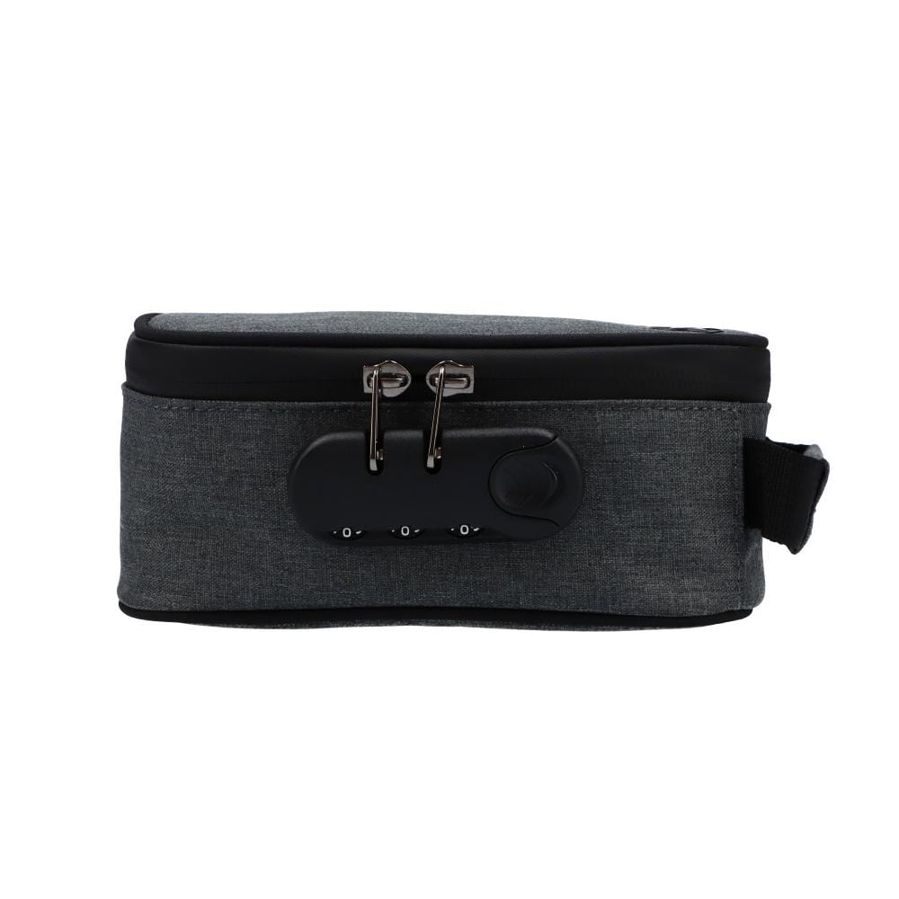 Front view of the Smell Proof Stash Case with Lock, a dark-colored rectangular case with a visible zipper and lock. Front view of the Smell Proof Stash Case with Lock, a dark-colored rectangular case with a visible zipper and lock.