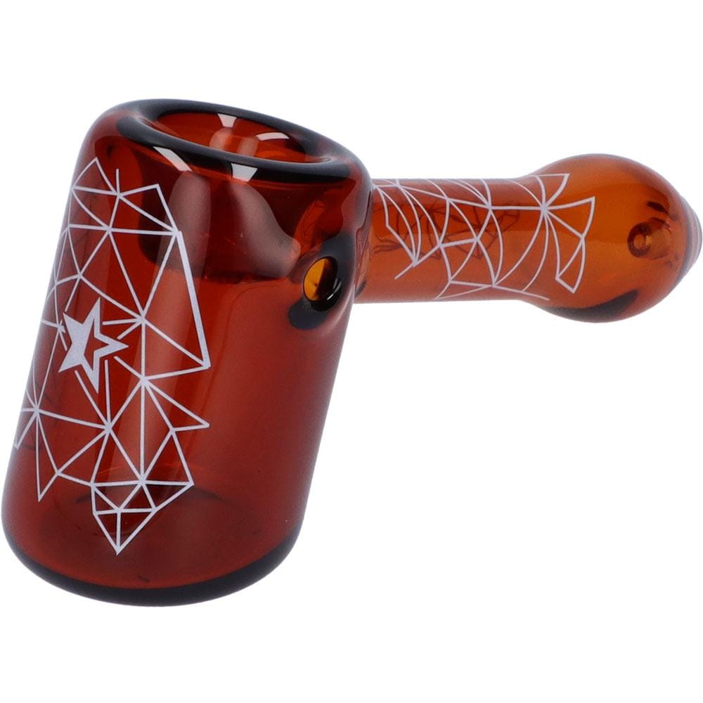Front view of the Space 5 Hammer Pipe, featuring a geometric pattern on its reddish-brown glass body. Front view of the Space 5 Hammer Pipe, featuring a geometric pattern on its reddish-brown glass body.