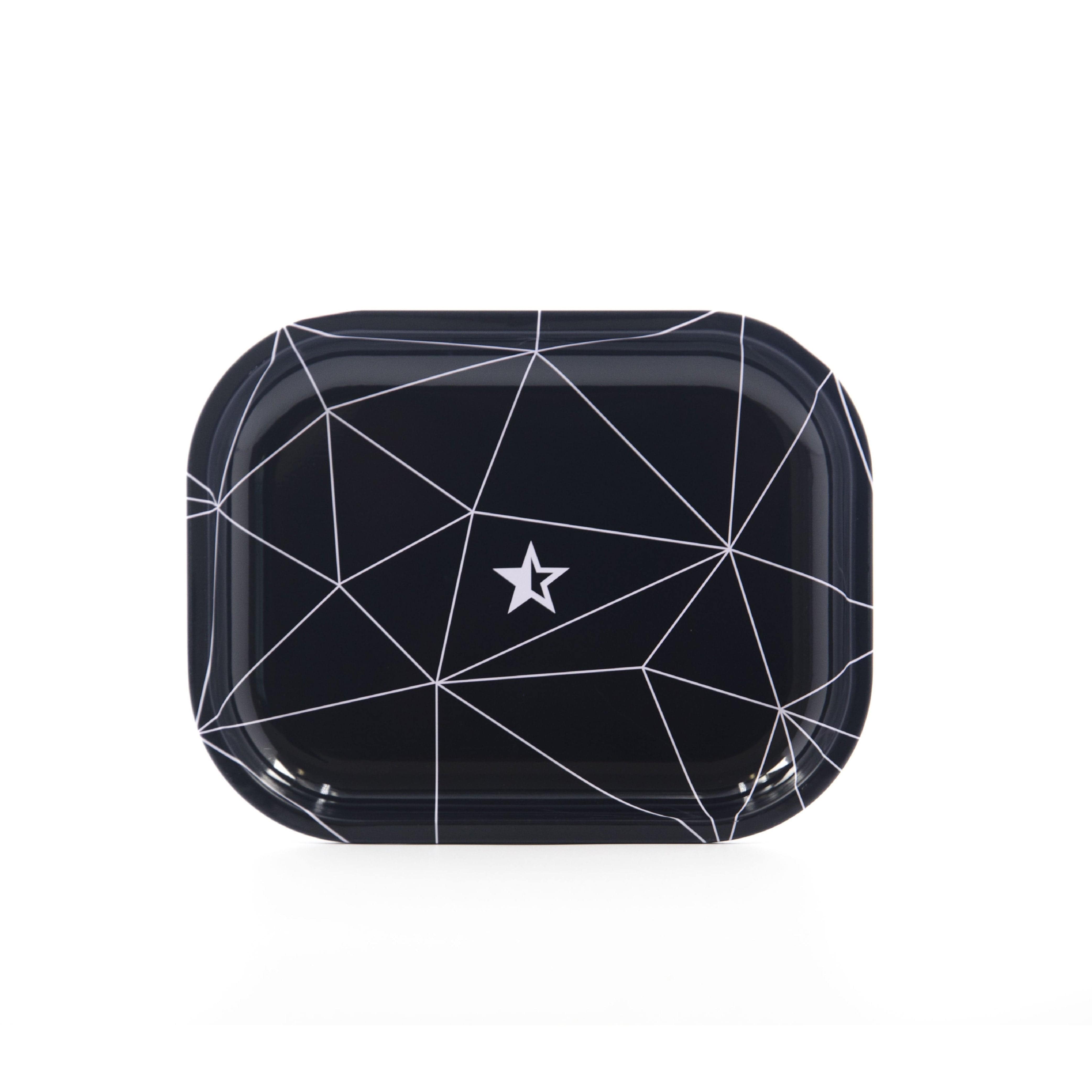 Overhead view of the Space Rolling Tray, displaying a dark surface with geometric lines. Overhead view of the Space Rolling Tray, displaying a dark surface with geometric lines.