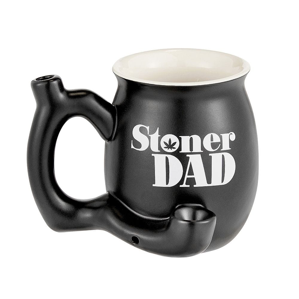 A front view of the Stoner Dad Roast & Toast Pipe Mug, a black ceramic mug shaped like a pipe. A front view of the Stoner Dad Roast & Toast Pipe Mug, a black ceramic mug shaped like a pipe.
