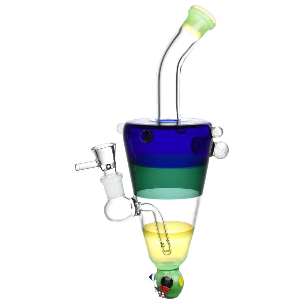 Front view of the Ghoulish Glow in the Dark Lazy Glass Water Pipe, showing a clear glass pipe with a blue and green gradient. Front view of the Ghoulish Glow in the Dark Lazy Glass Water Pipe, showing a clear glass pipe with a blue and green gradient.