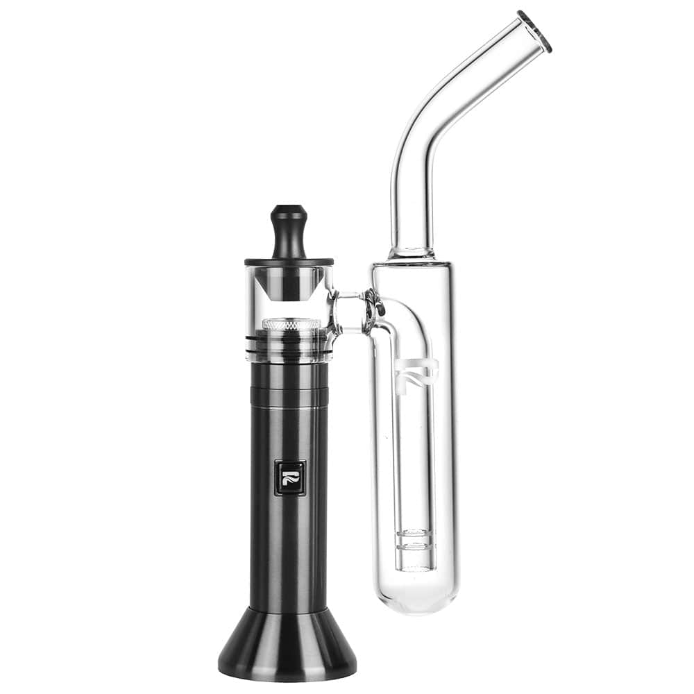 A side view of the Barb Fire H2O Variable Voltage Wax Vape Kit, featuring a sleek, black metallic body and clear glass mouthpiece. A side view of the Barb Fire H2O Variable Voltage Wax Vape Kit, featuring a sleek, black metallic body and clear glass mouthpiece.