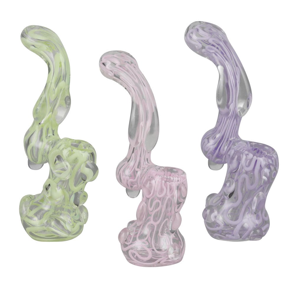 Front view of the Slime Glass Bubbler, a compact, textured glass piece with a rounded form and a light green hue. Front view of the Slime Glass Bubbler, a compact, textured glass piece with a rounded form and a light green hue.