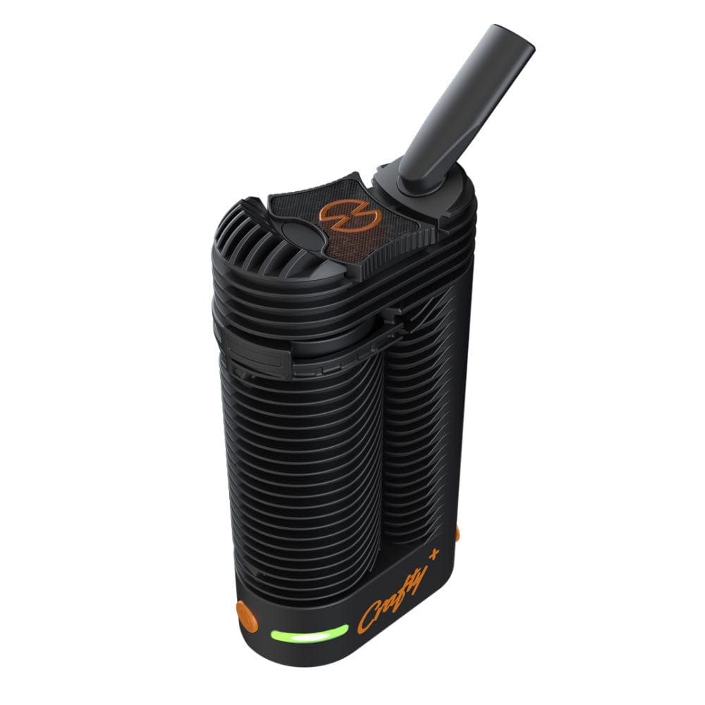 A front view of the Crafty+ USB-C Portable Vaporizer, showing its sleek, black cylindrical design. A front view of the Crafty+ USB-C Portable Vaporizer, showing its sleek, black cylindrical design.