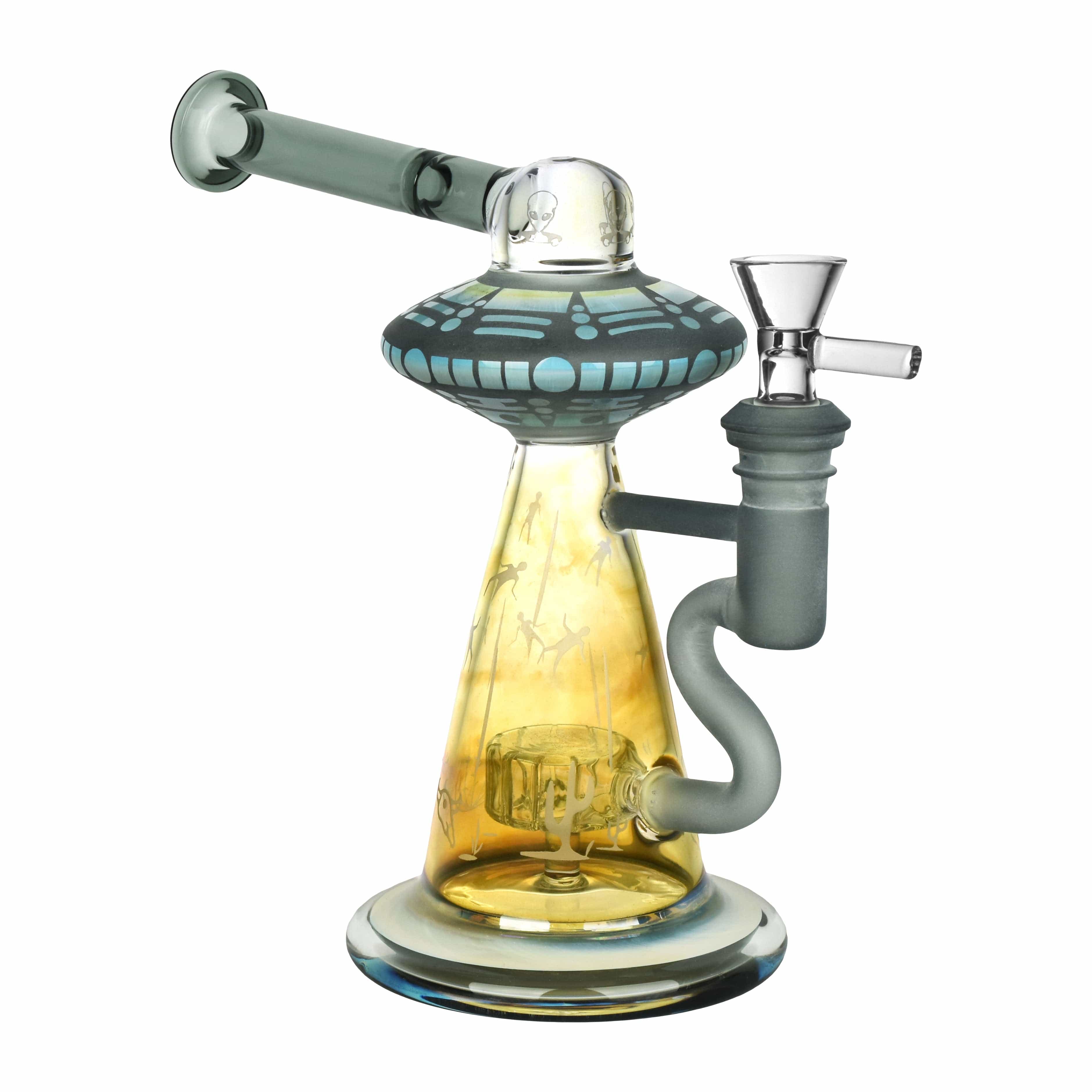 A three-quarter view of the “Take Me To Your Leader Water Pipe”, featuring a curved neck and rounded base in clear glass. A three-quarter view of the “Take Me To Your Leader Water Pipe”, featuring a curved neck and rounded base in clear glass.
