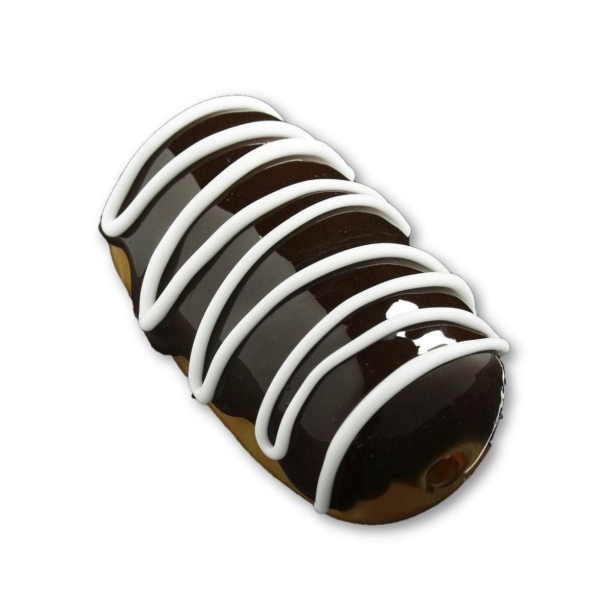 A close-up of the Sweet Eclair Chillum shows a dark glass pipe with white swirling accents, angled against a plain white background. A close-up of the Sweet Eclair Chillum shows a dark glass pipe with white swirling accents, angled against a plain white background.