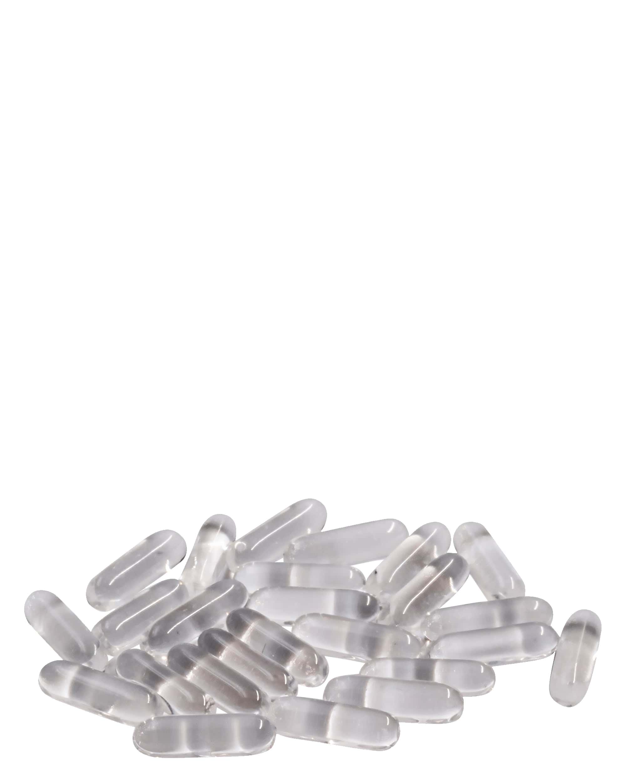 A scattering of Clear Quartz Terp Capsules 25 Pack, shown in a bright, overhead view with a simple, minimalist arrangement. A scattering of Clear Quartz Terp Capsules 25 Pack, shown in a bright, overhead view with a simple, minimalist arrangement.