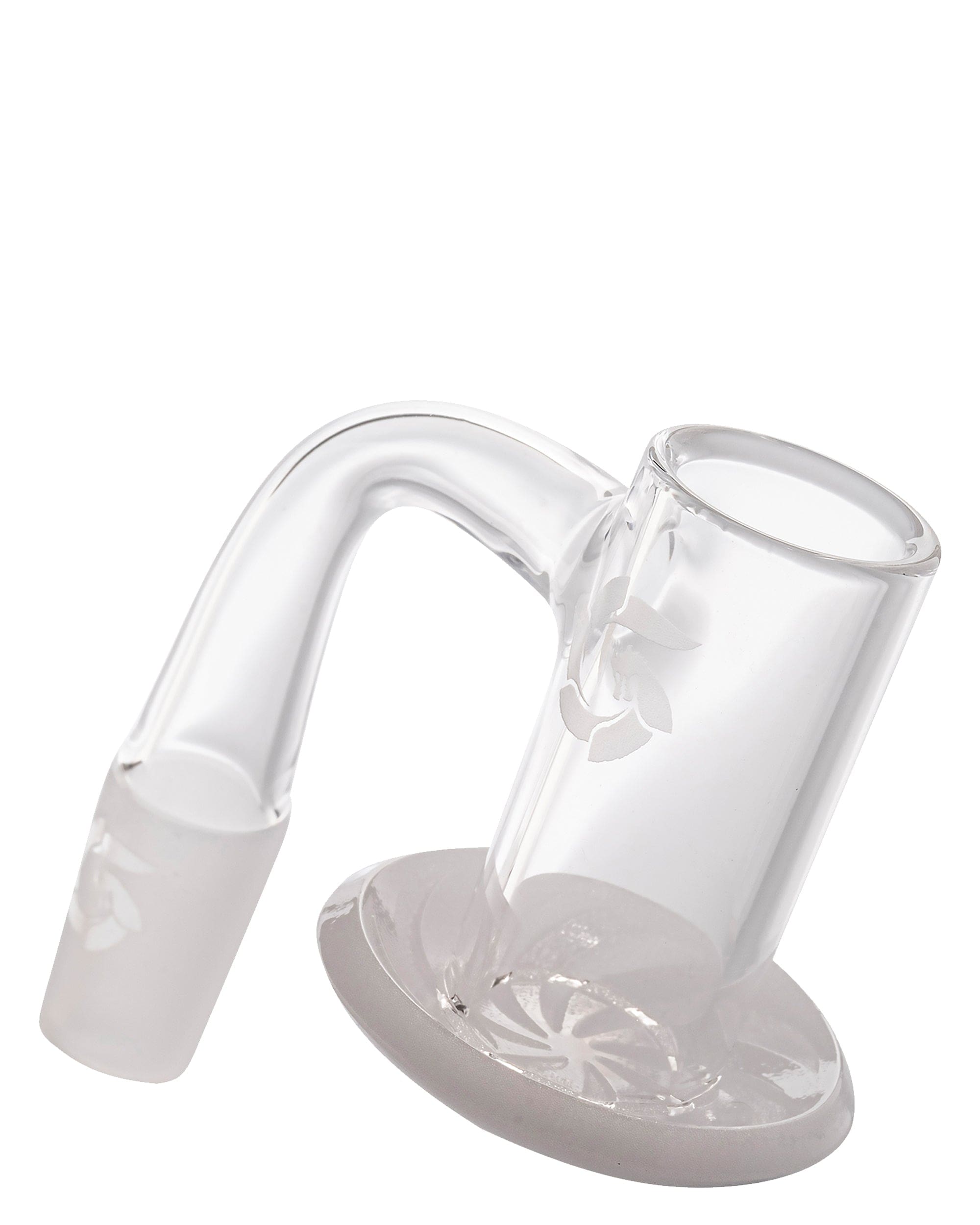 A side view of the Opaque Base Hurricane Banger, showcasing the clear glass dish and angled neck against a plain white background. A side view of the Opaque Base Hurricane Banger, showcasing the clear glass dish and angled neck against a plain white background.