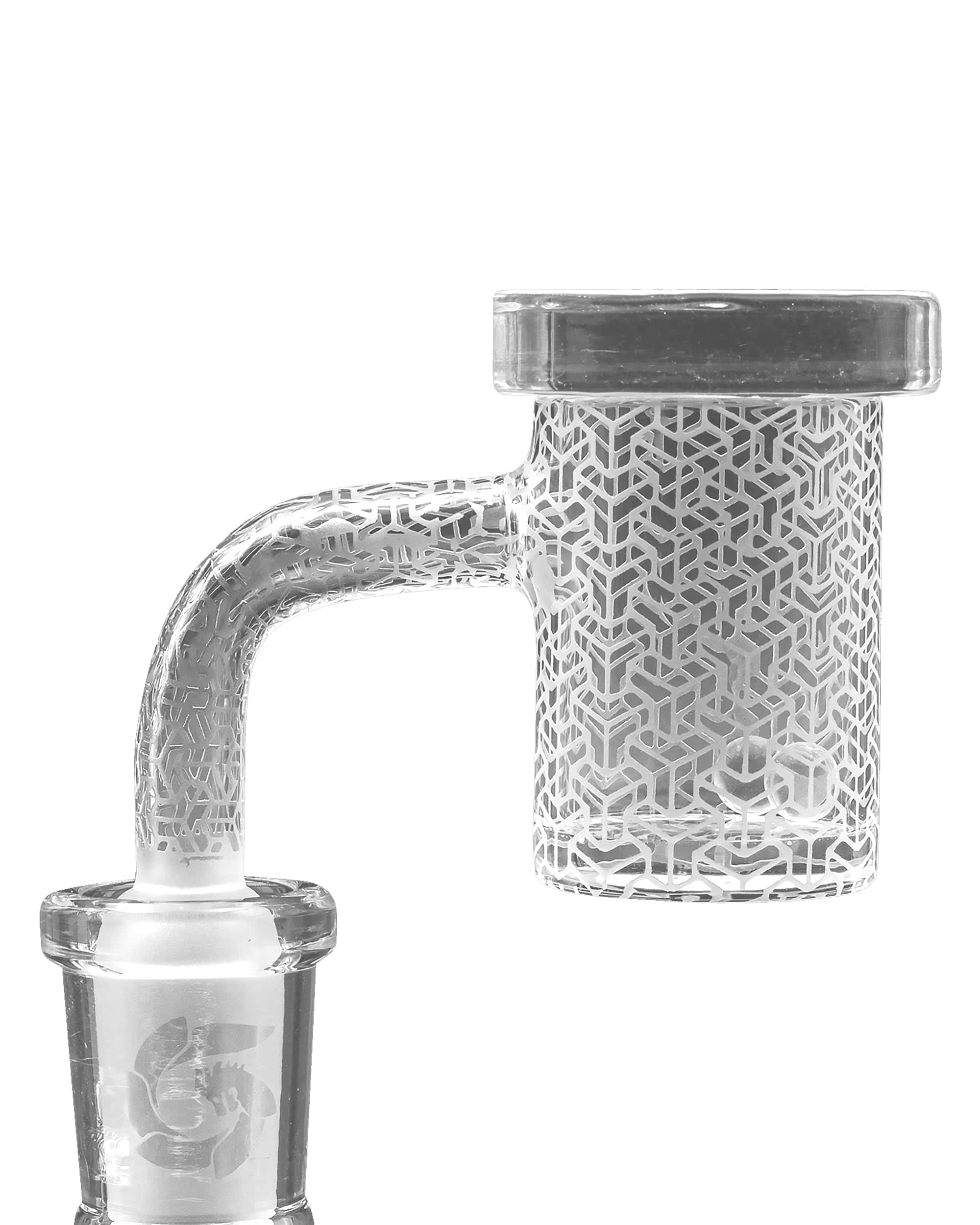 A close-up, angled view of the Trippy Edition Quartz Banger Kit, showing its detailed quartz construction and unique patterned design. A close-up, angled view of the Trippy Edition Quartz Banger Kit, showing its detailed quartz construction and unique patterned design.