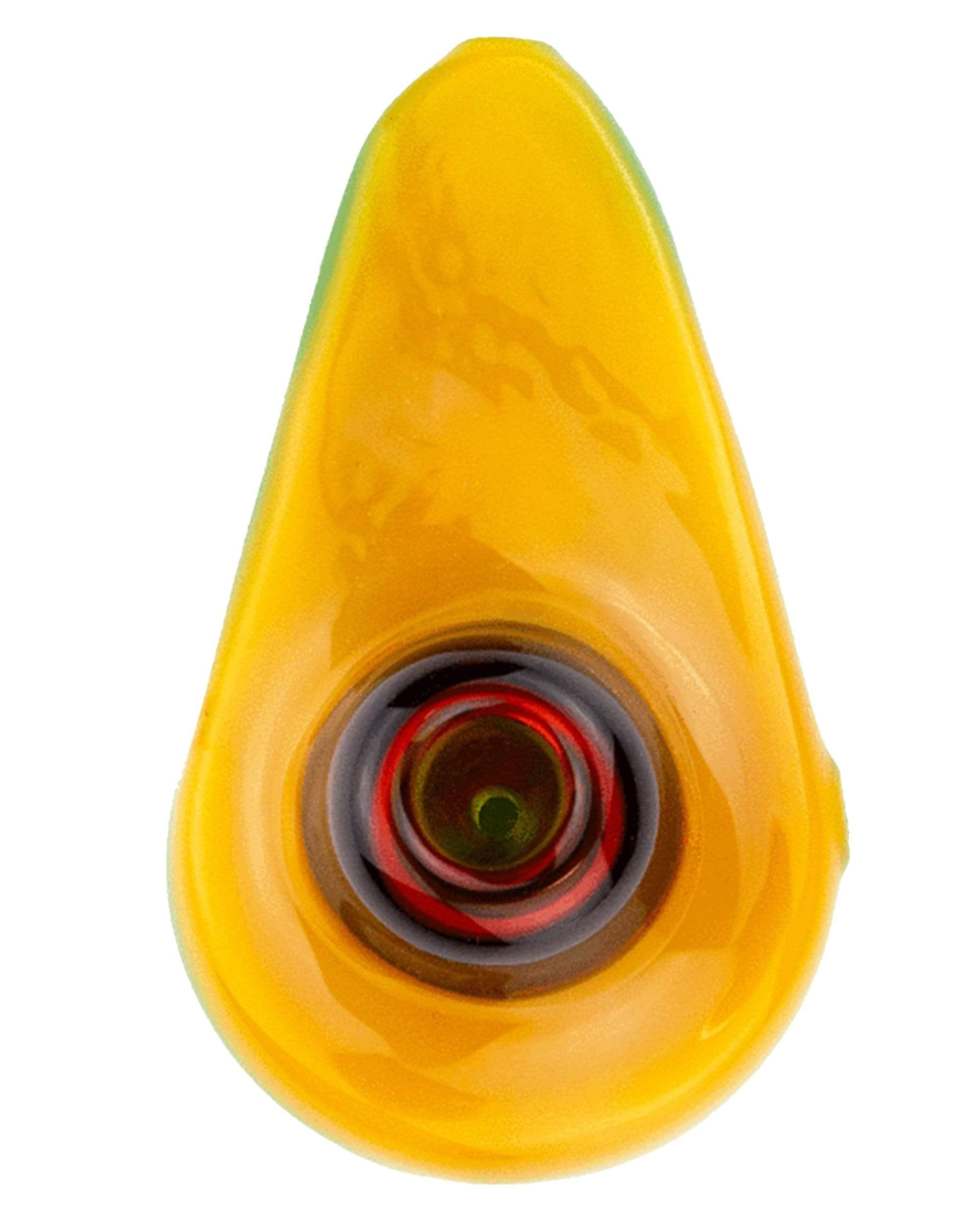 Close-up front view of the Avocado Hand Pipe, showcasing a colorful, circular mouthpiece against a smooth, curved body. Close-up front view of the Avocado Hand Pipe, showcasing a colorful, circular mouthpiece against a smooth, curved body.
