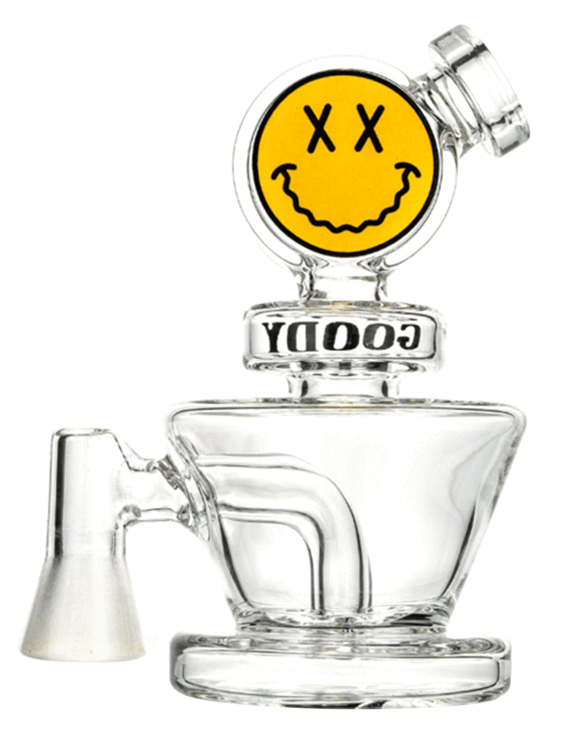 Front view of the Big Face VR Vape Rig, a clear glass rig featuring a decorative face design. Front view of the Big Face VR Vape Rig, a clear glass rig featuring a decorative face design.