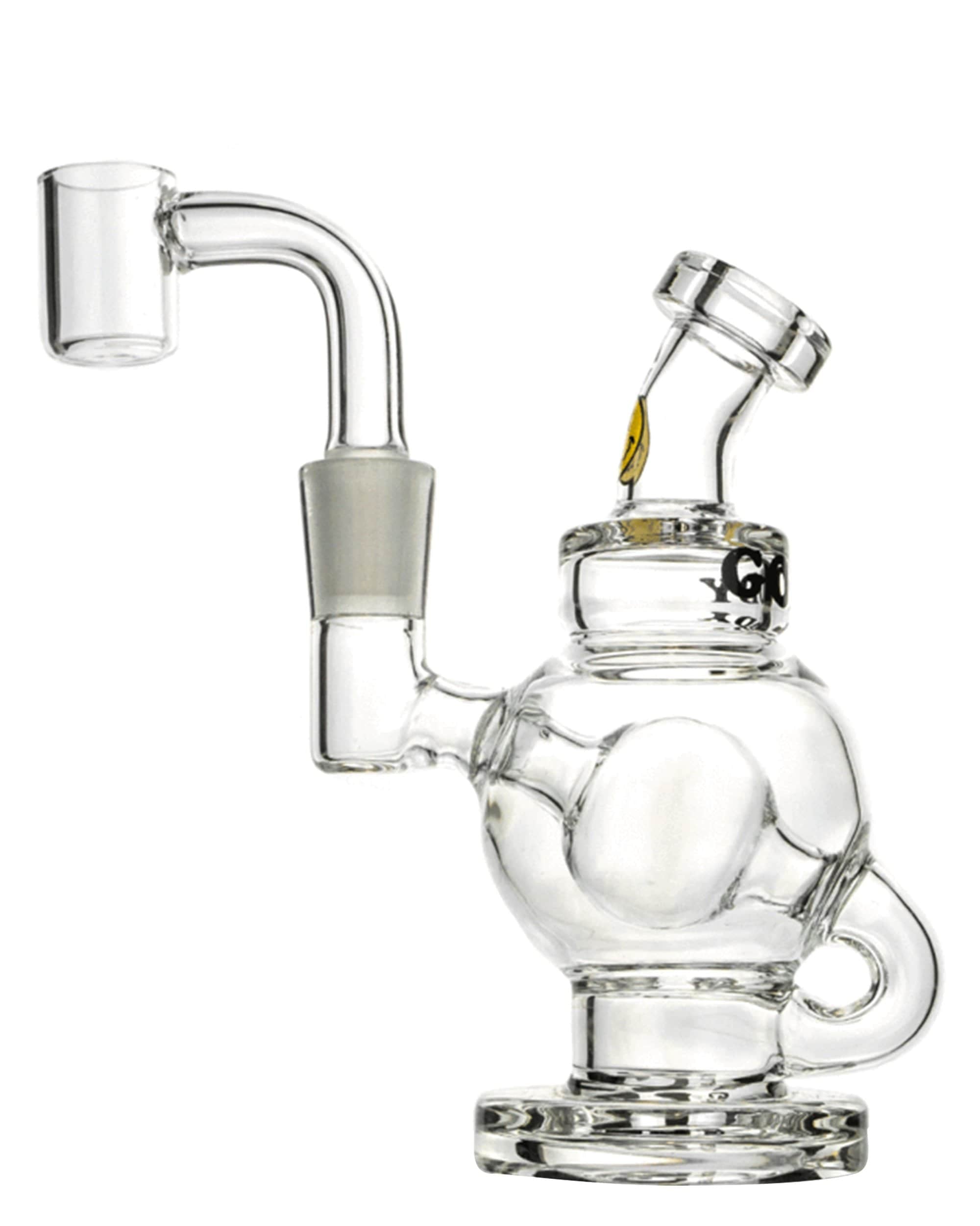 A three-quarter view of the Orbit Mini Rig Kit, showcasing its clear glass construction and compact size with an included bowl. A three-quarter view of the Orbit Mini Rig Kit, showcasing its clear glass construction and compact size with an included bowl.