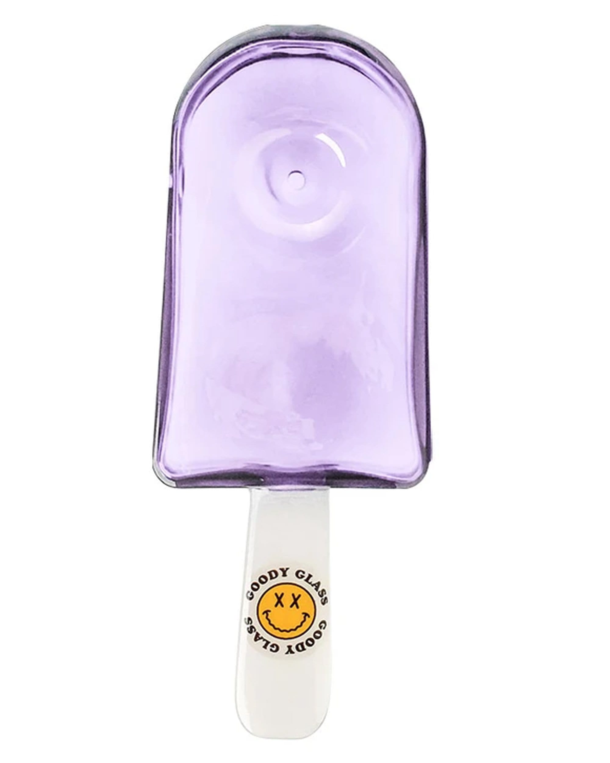 A studio shot of the Popsicle Hand Pipe, showing its purple, sculpted glass resembling a popsicle on a white background. A studio shot of the Popsicle Hand Pipe, showing its purple, sculpted glass resembling a popsicle on a white background.