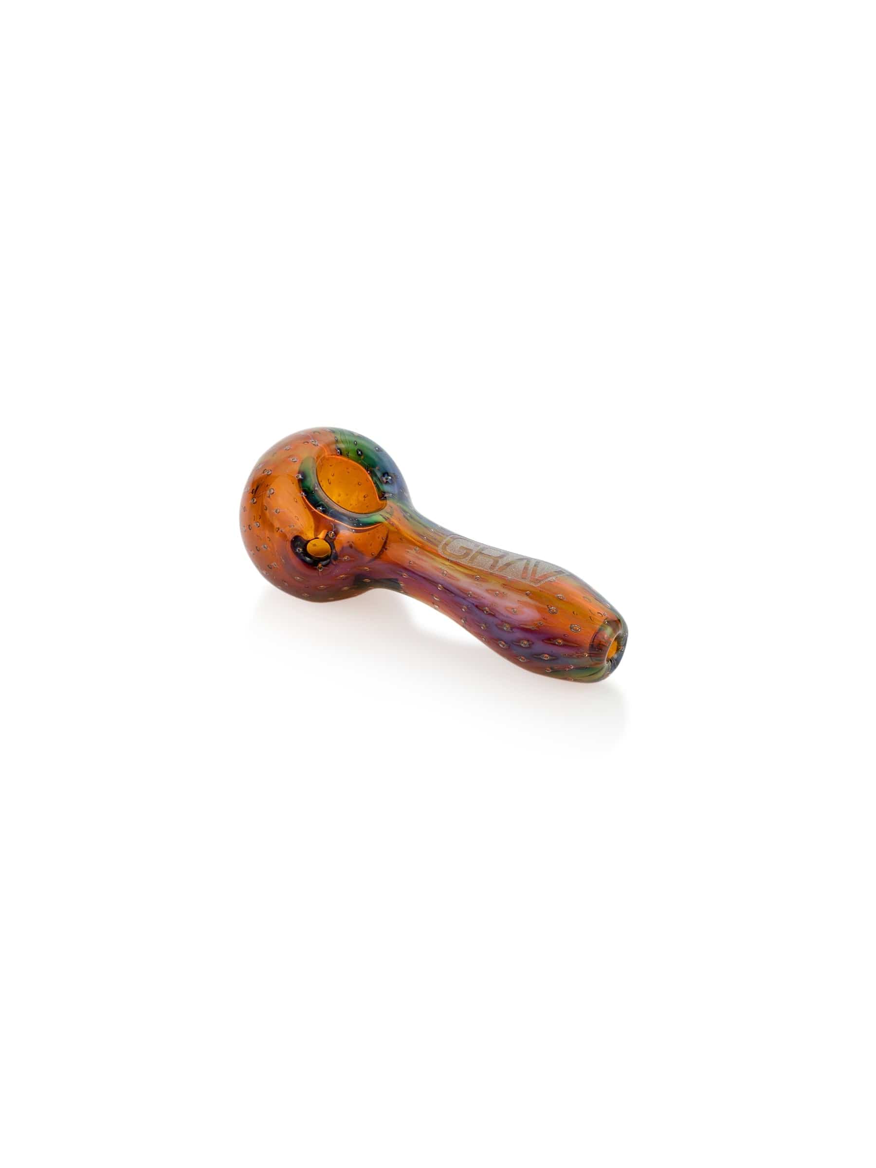 A side view of the Bubble Trap Spoon Pipe, showcasing its curved design and glossy finish against a plain white backdrop. A side view of the Bubble Trap Spoon Pipe, showcasing its curved design and glossy finish against a plain white backdrop.