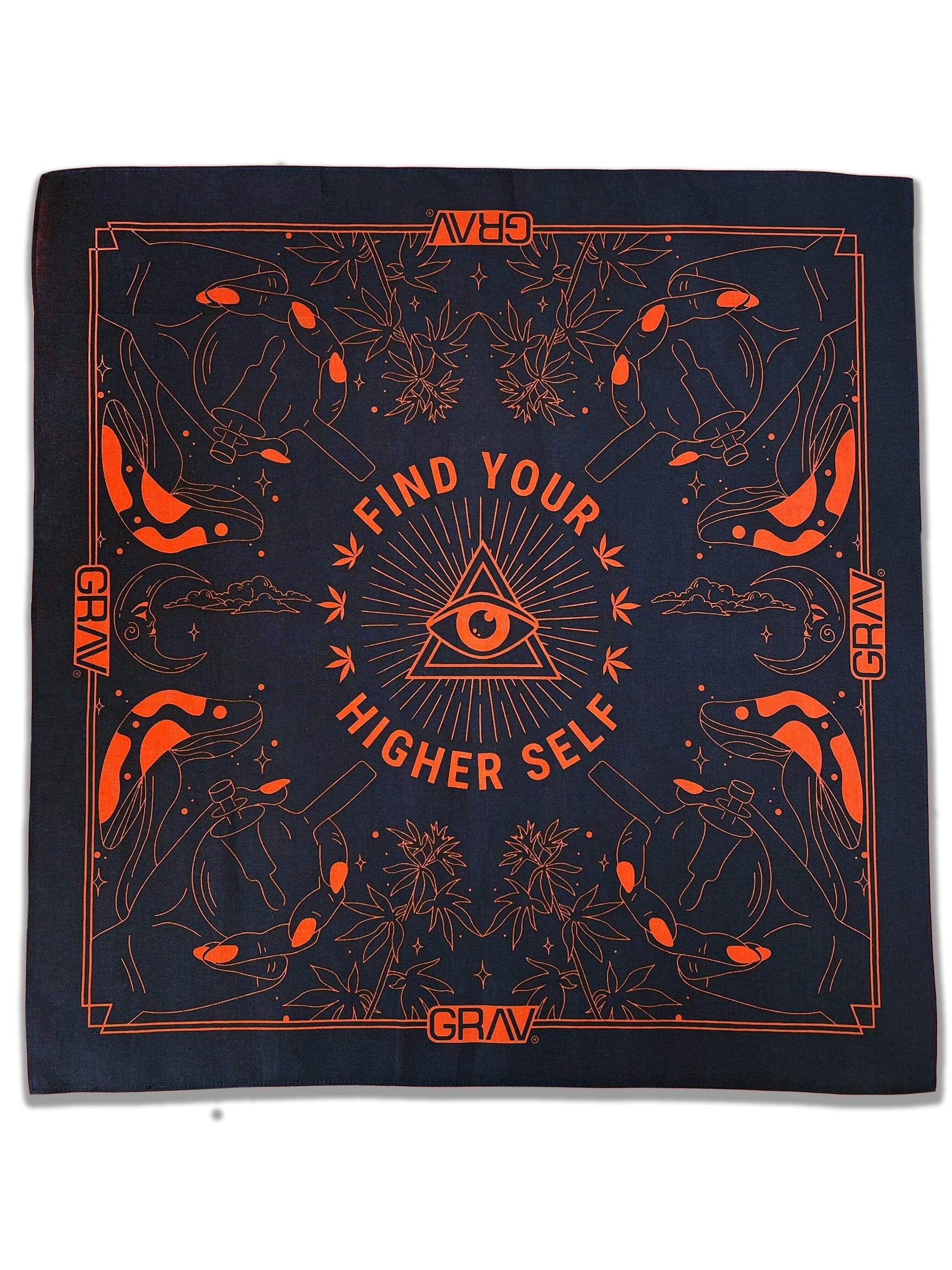 The GRV Bandana displays a detailed, repeating pattern on a dark background, folded into a square shape. The GRV Bandana displays a detailed, repeating pattern on a dark background, folded into a square shape.