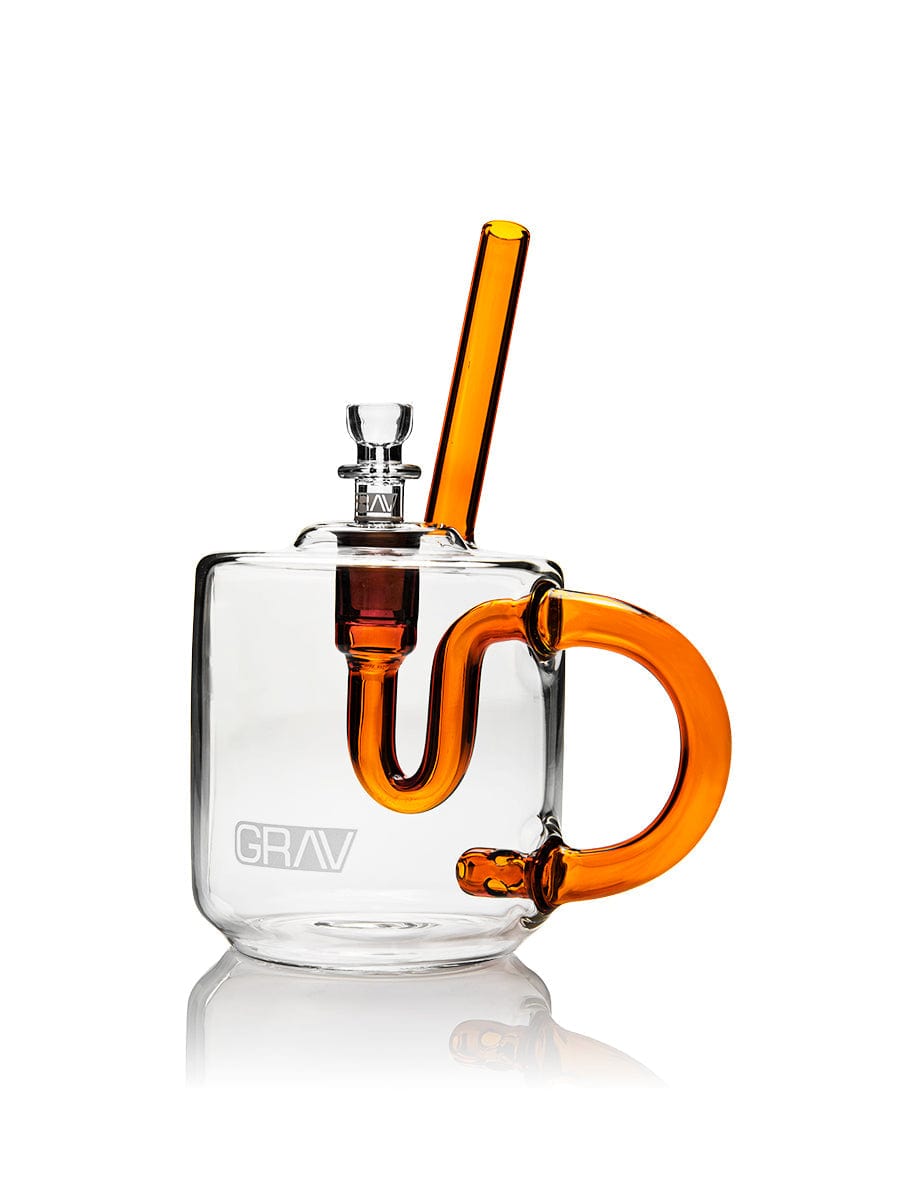 The GRAV Coffee Mug Bubbler is displayed in a side view, highlighting its clear glass construction and curved neck. The GRAV Coffee Mug Bubbler is displayed in a side view, highlighting its clear glass construction and curved neck.