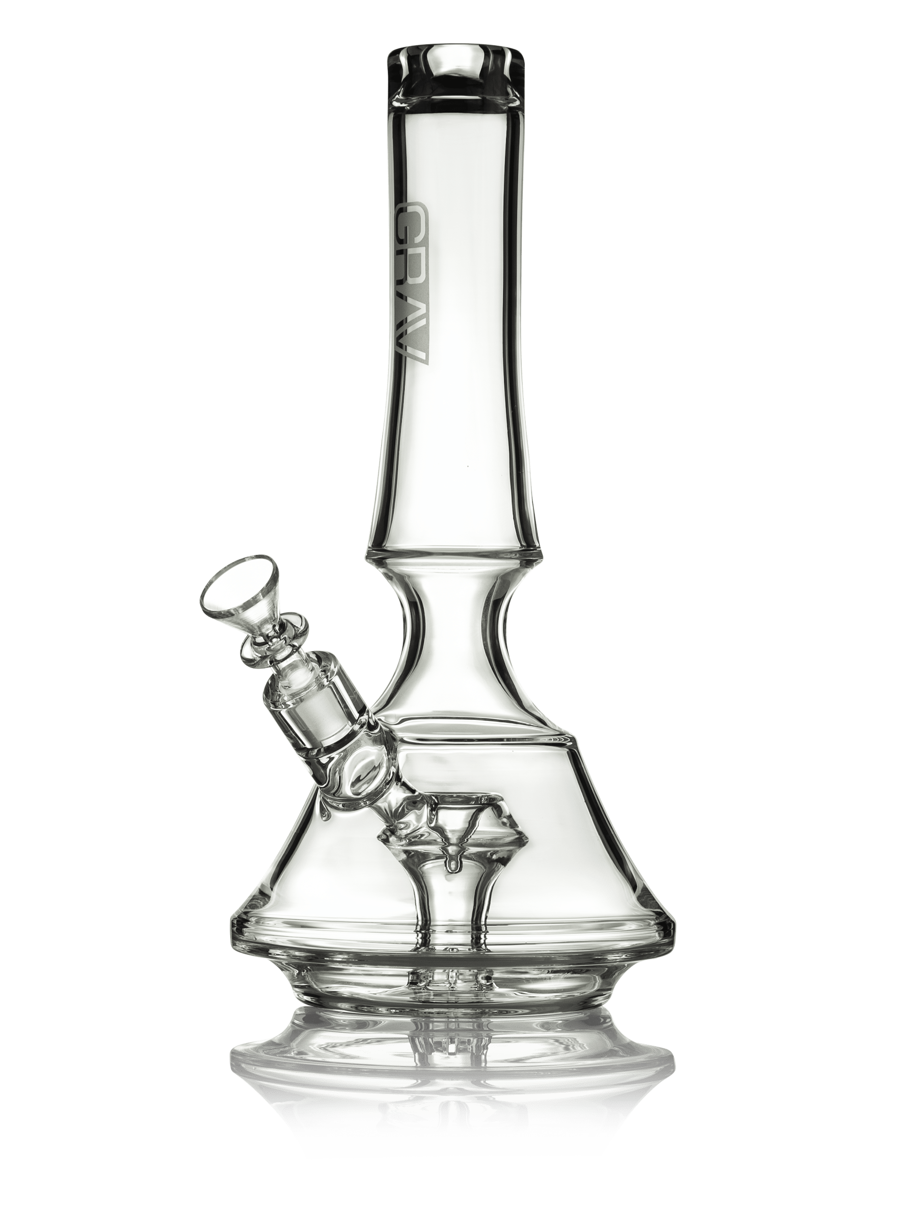 Front view of the Empress Water Pipe, a clear glass pipe with a curved neck and a reflection on a glossy surface. Front view of the Empress Water Pipe, a clear glass pipe with a curved neck and a reflection on a glossy surface.