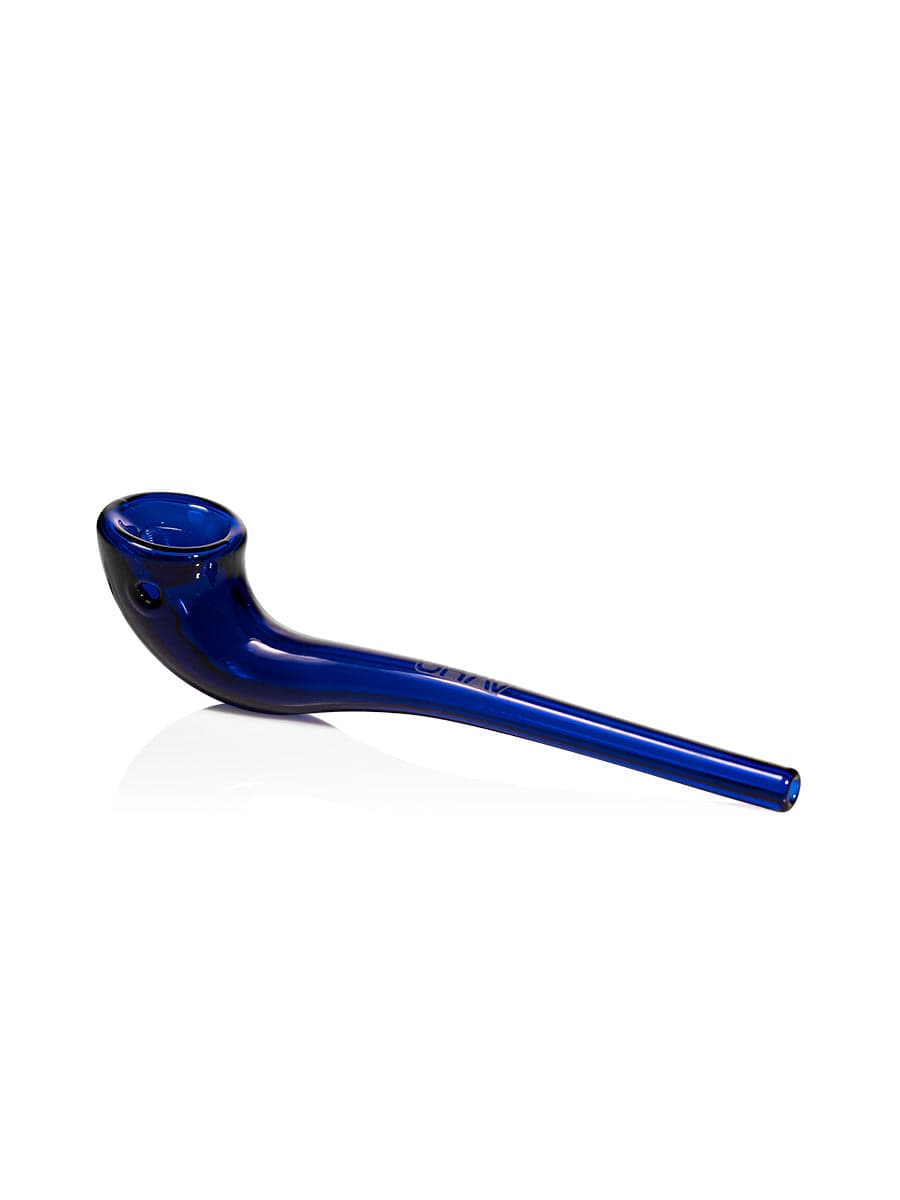 Side view of the Gandalfini Pipe, a blue glass pipe with a curved stem, resting on a white surface. Side view of the Gandalfini Pipe, a blue glass pipe with a curved stem, resting on a white surface.