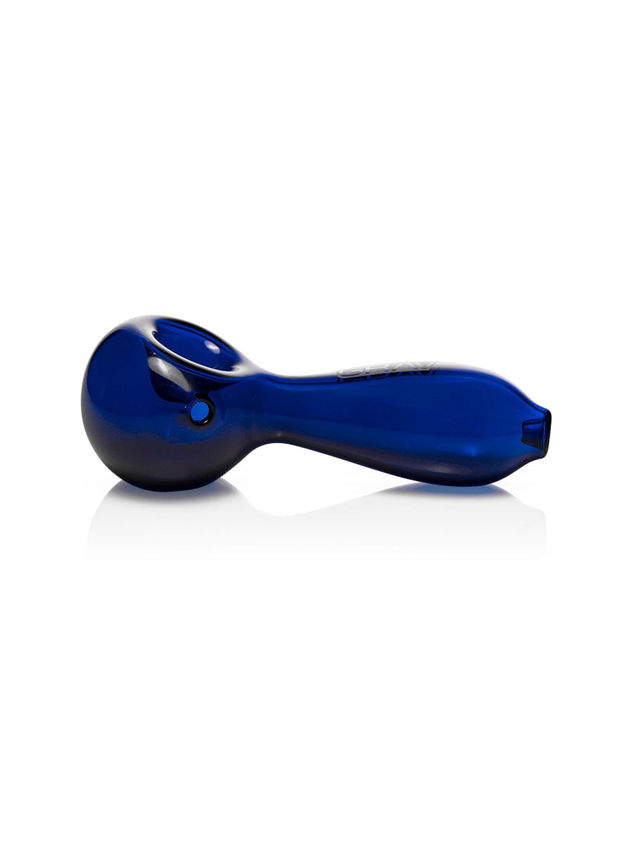 A side view of the Large Spoon pipe, showcasing its smooth, blue glass construction against a clean white background. A side view of the Large Spoon pipe, showcasing its smooth, blue glass construction against a clean white background.